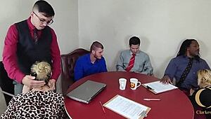 Slutty office trailer turns into crazy orgy with double penetration anal blowbang and cumshots everywhere