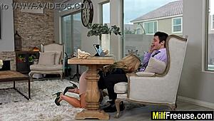 hot housewife fucks hubby while he chats boss on phone