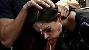 A couple sneaks public deepthroat on subway with huge cumshot.