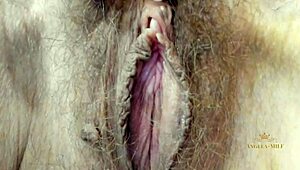 Angela milf rubs hairy pussy waiting young husband cock