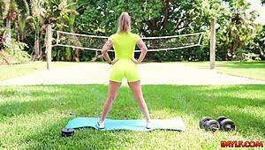 Stunning tattooed milf shakes big ass and tits while fingering wet pussy