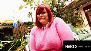 Redhead BBW milf meets hot young trainer outside Miami home.