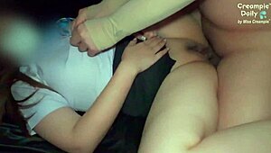 Fat Asian Student Lifts Skirt for Juicy Puffy Pussy Creampie in Bedroom