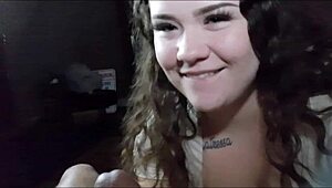 young pretty brunette with blue eyes delivers top blowjobs up close