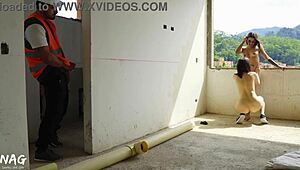 Exhibitionist secretaries kiss passionately in gym orgy as muscular builder fucks their fat asses at work