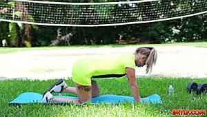 Stunning tattooed milf shakes big ass and tits while fingering wet pussy