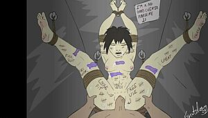 Bound cheater in fantasy bondage scene teases feet while trapped in cartoon trap