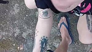 Hey, watch her guzzle milk after backyard blowjob outdoors!