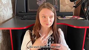 Stepdaughter stops stepdad's game by sucking his dick deep and swallowing cum well