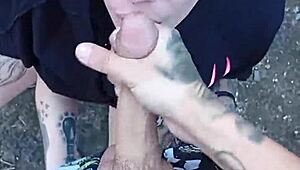 Hey, watch her guzzle milk after backyard blowjob outdoors!