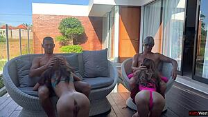 two couples slam hard at backyard pool fuck party