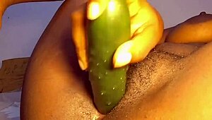 big cucumber stretches my horny dripping hairy pussy wide