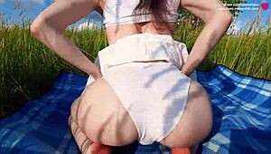 WOW! Hot WIFE'S grippy unshaved PUSSY tests hard BONER in wild NATURE!