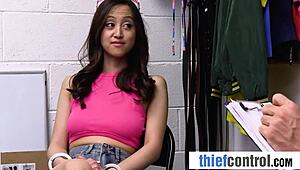 skinny teen office slut caught shoplifting bent over desk fucked hard by security uniform doggystyle riding