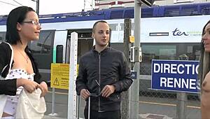 exhibitionists flash tits at station, lure passenger home for rough anal ass-to-mouth