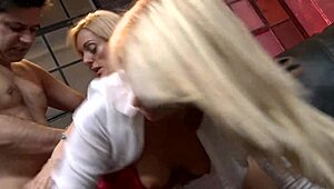 jenny babie and stacey saran in lingerie take turns riding his monster cock cowgirl doggystyle then double bj cumshot finish