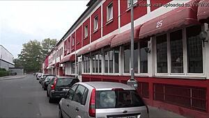 tourist explores redlight district ludwigstrasse hannover germany at night