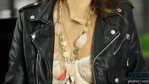 sexy milf model strips big round ass in black stockings, teasing her shaved pussy slow