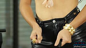 sexy milf model strips big round ass in black stockings, teasing her shaved pussy slow