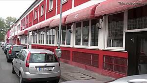 tourist explores redlight district ludwigstrasse hannover germany at night