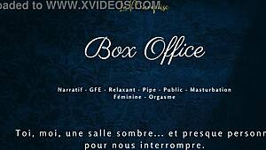 french beauty kneels for gentle box office blowjob with dirty talk