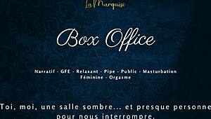 french beauty kneels for gentle box office blowjob with dirty talk