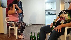 friend's fat wife rides my cock while he watches the game