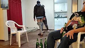 friend's fat wife rides my cock while he watches the game