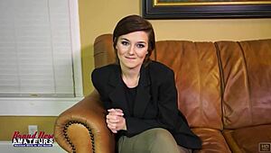 short haired brunette kylie drops to knees bends over for deepthroat blowjob and cum swallow finale