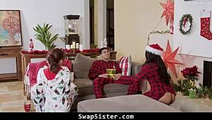 stepsisters swap stepbros for wild bent over doggystyle cowgirl orgy holiday fuck