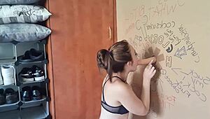 tattoo slut sucks and fucks gloryhole cock with big pussy lips!