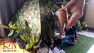 a nudist curvy milf lady gets bent over pussy fucked by stranger in camping nature with juicy big ass