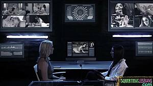 A squirting babe gets her pussy devoured by a sexy milf in their hot threeway lesbian action