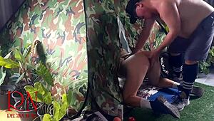 a nudist curvy milf lady gets bent over pussy fucked by stranger in camping nature with juicy big ass