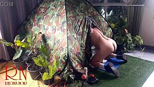 a nudist curvy milf lady gets bent over pussy fucked by stranger in camping nature with juicy big ass