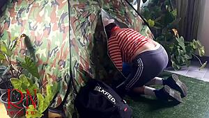 a nudist curvy milf lady gets bent over pussy fucked by stranger in camping nature with juicy big ass