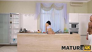obedient mature milf savors impudent stud's kitchen pounding