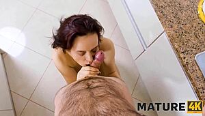 obedient mature milf savors impudent stud's kitchen pounding