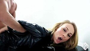 blonde latex slut tears bodysuit for bareback doggystyle pounding