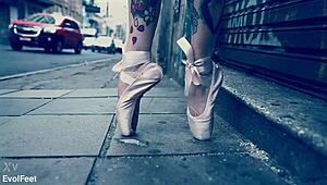 blonde ballerina in heels chokes on cock while licking toes barefoot on street?