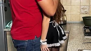 hey naughty maid in stockings and heels bent over kitchen counter for doggystyle pounding while cooking