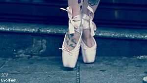 blonde ballerina in heels chokes on cock while licking toes barefoot on street?