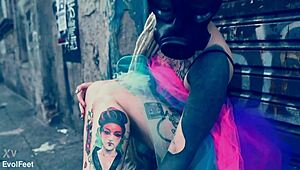 blonde ballerina in heels chokes on cock while licking toes barefoot on street?