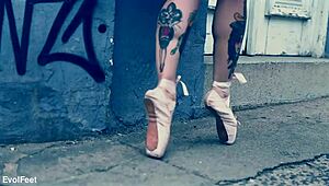 blonde ballerina in heels chokes on cock while licking toes barefoot on street?