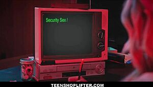 skinny blonde teen reporter spies petite ebony shoplifter's mall cop sex tape and rubs one out