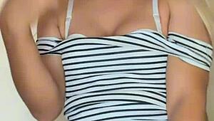 Transsexual flaunts small perky tits in crossdressing tease