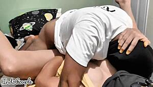 He bursts into stepsister's room bends her over fucks shaved pussy hard creampie