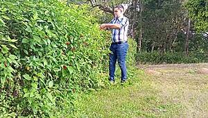 brazilian bear gardener strokes monster cock on farm until cumshot