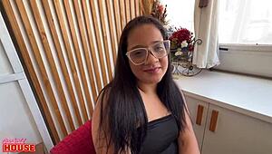 raquel shy brunette turns slut riding cock doggystyle closeup