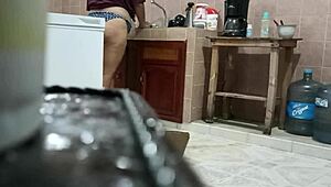 voyeur catches chubby stepsis in panties kitchen prowling